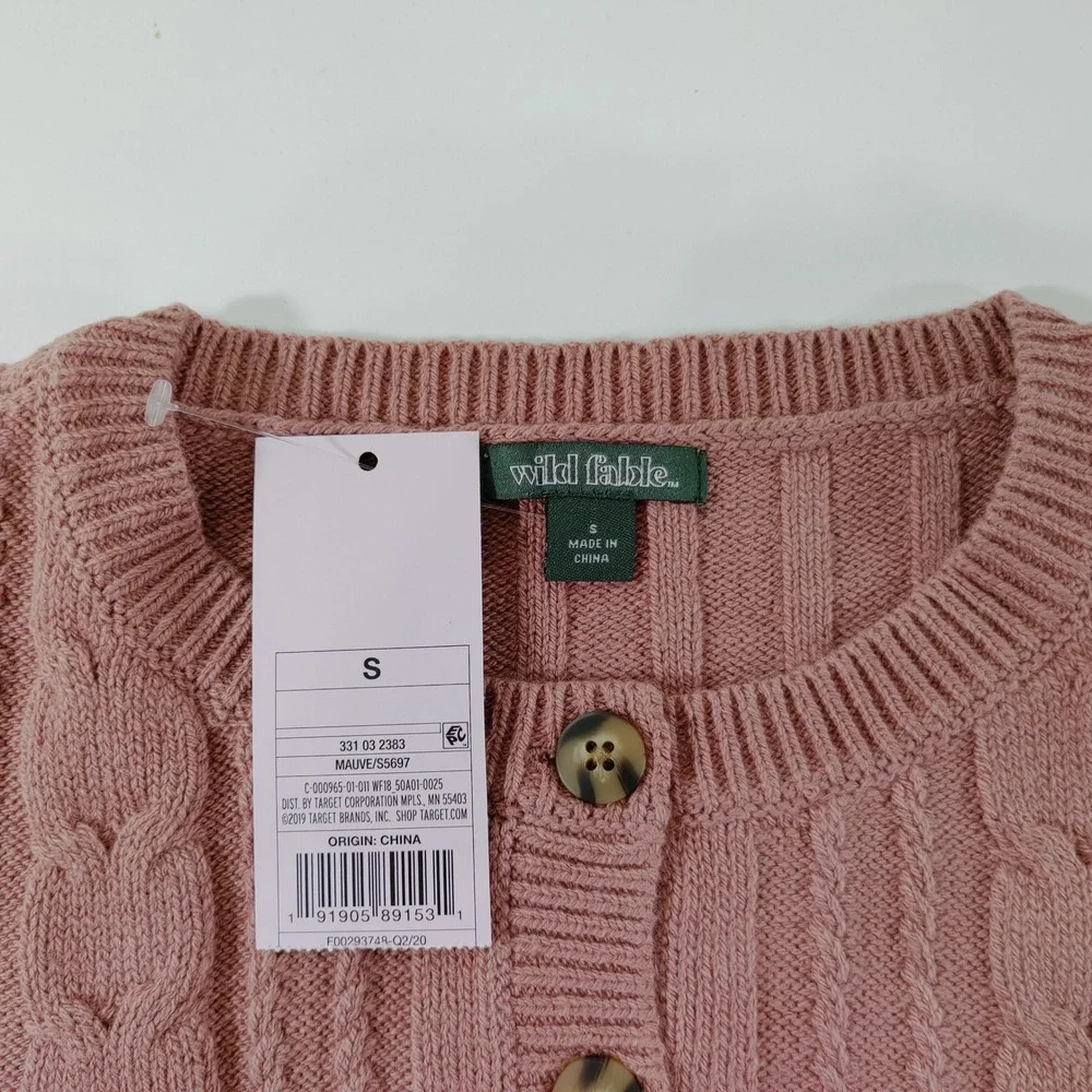 Wild Fable Womens Cropped Sweater Pink Cable‎ Knit Button UP Long Sleeve Size S